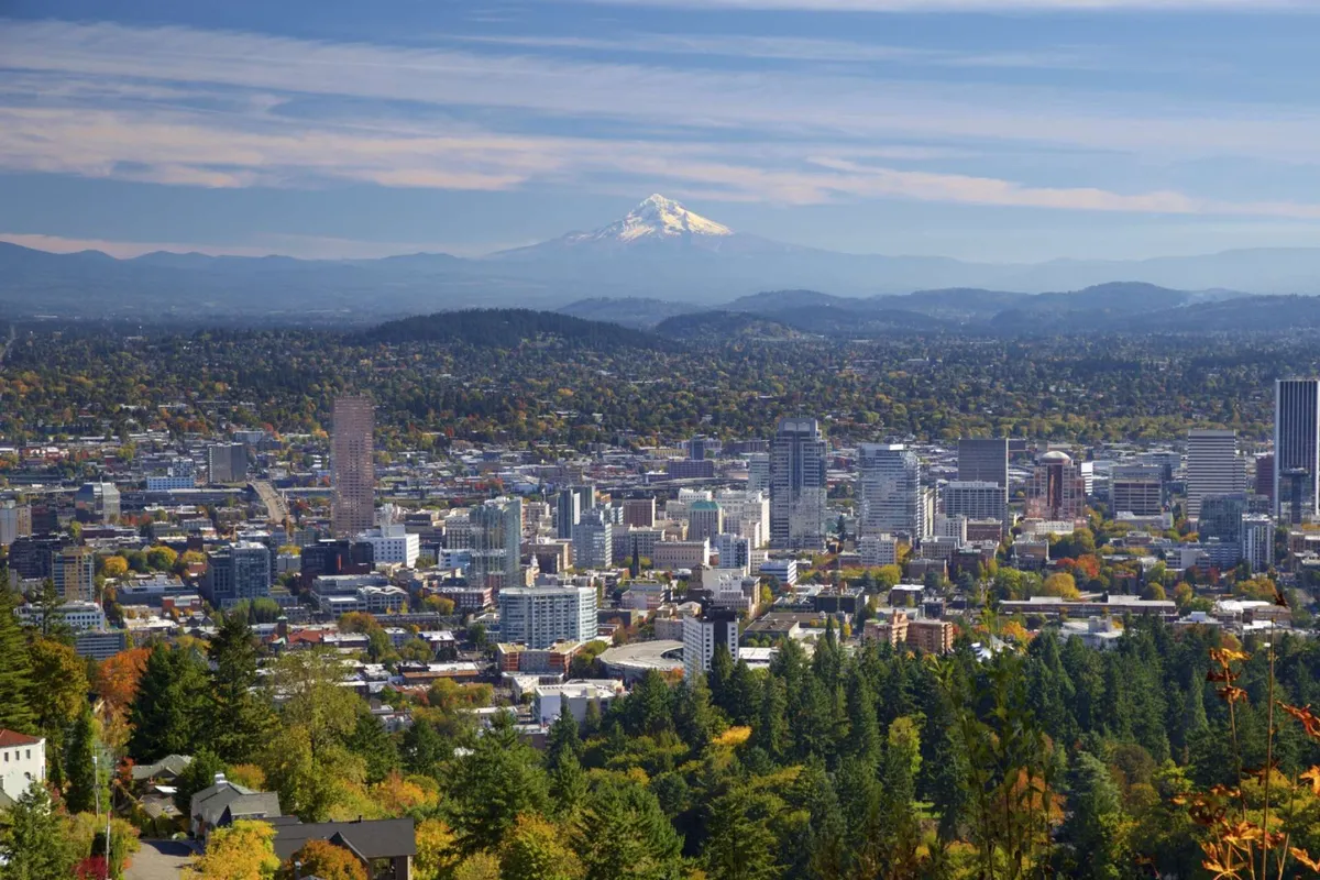 A scenic view of Mount Hood and the downtown Portland skyline, framed by lush greenery in the foreground. The image suggests nearby natural and urban adventures, hinting at local parks, trails, and family-friendly attractions accessible from the home.